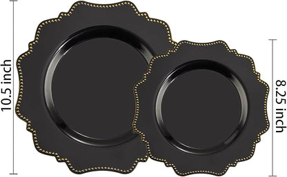 COLOSUS Black Plastic Plates Set,Heavy Duty Black Disposable Plates for 50 guests,Include 50PCS 10.5inch Dinner Plate and 50PCS 8.25 inch Dessert Plate for Halloween Party/Wedding/New Year/Birthday