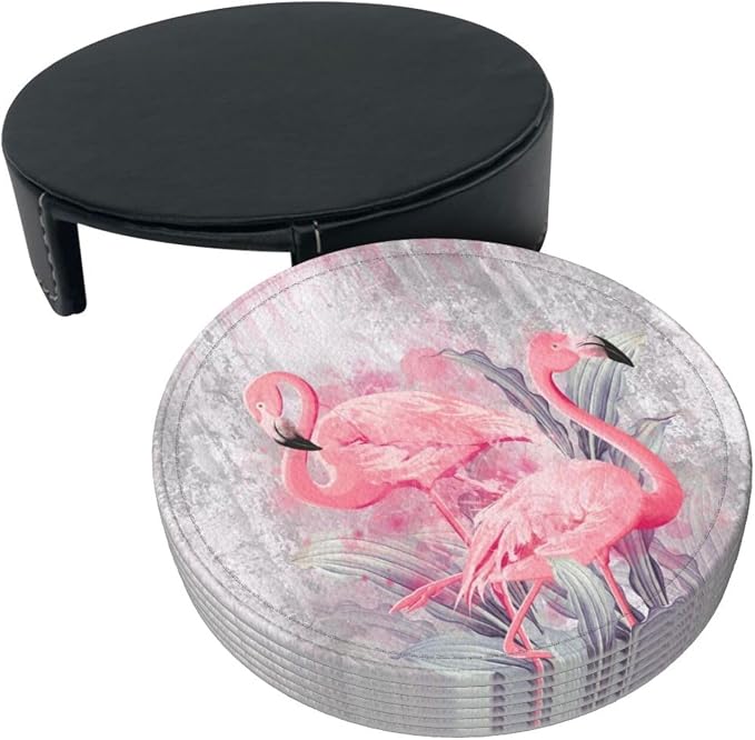 6 Pcs Pink Cute Flamingo Modern Art Boho Leather Coasters - Image 3