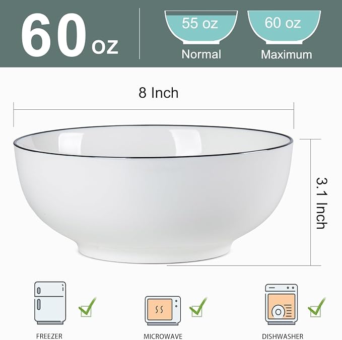 60 oz Large Pho Soup Bowls, Large Ramen Bowls, Rimmed Off-White Big Ceramic - Image 2