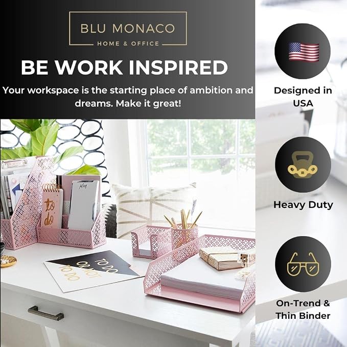 BLU MONACO Pink Desk Organizer Set | 6-Piece Metal Desktop Accessories | Mail - Image 2