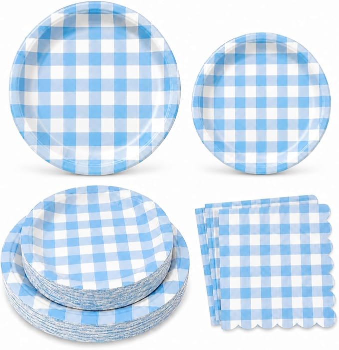 150PCS Blue Gingham Paper Plates & Napkins -Checkered Birthday Party Decor | by RVXHUA