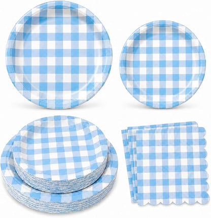 150PCS Blue Gingham Paper Plates & Napkins -Checkered Birthday Party Decor | by RVXHUA