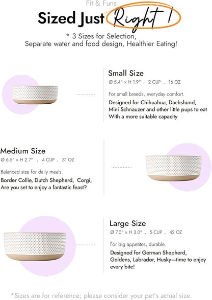 LE TAUCI PET Dog and Cat Bowl Set with Acacia Wood Stand - 2 Cup Ceramic Puppy Bowls for Cats &Small Dogs, Dual Food and Water Bowls with Weighted Non-Slip Base, Lines+Dot