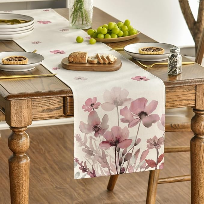 Artoid Mode Pink Poppy Floral Leaves Spring Table Runner, Seasonal Summer Fall Kitchen Dining Table Decoration for Home Party Decor 13x72 Inch