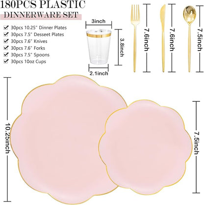 EI 180pcs Pink Plastic Plates with Gold Plastic Silverware,Party Plates Disposable,Pink Dinnerware Set for Afternoon Tea,Wedding,Birthday,Easter,Spring,Mother's Day,Valentine's Day