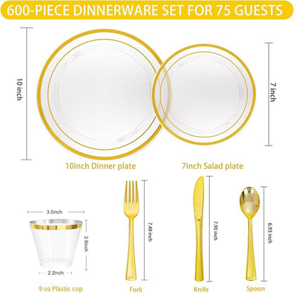 WELLIFE 600 PCS Clear Gold Disposable Dinnerware Set for 100 Guests — Elegant Gold rimmed Plastic Plates, Cups & Cutlery for Weddings, Receptions & Holiday Events, BPA-Free, Clear and Gold