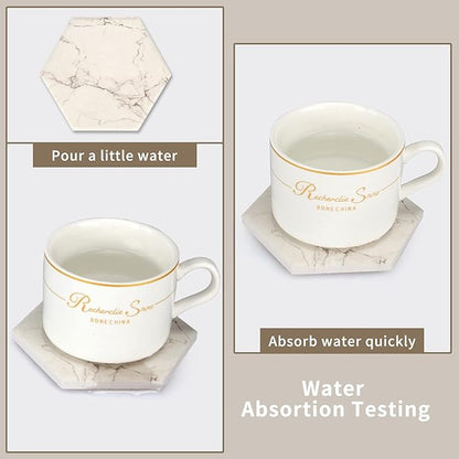 6 Pack Cute Marble Absorbent Stone Coaster Set with Holder Cool Cork Coster Modern White Ceramic Coasters Bar Desk Cup Drink Coasters Funny Coffee Table Decor Kitchen Unique Coster posavasos