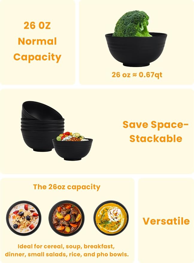 Cereal Bowls Wheat Straw Bowls for Dorm, Kitchen Bowls Set of 6 Unbreakable - Image 5