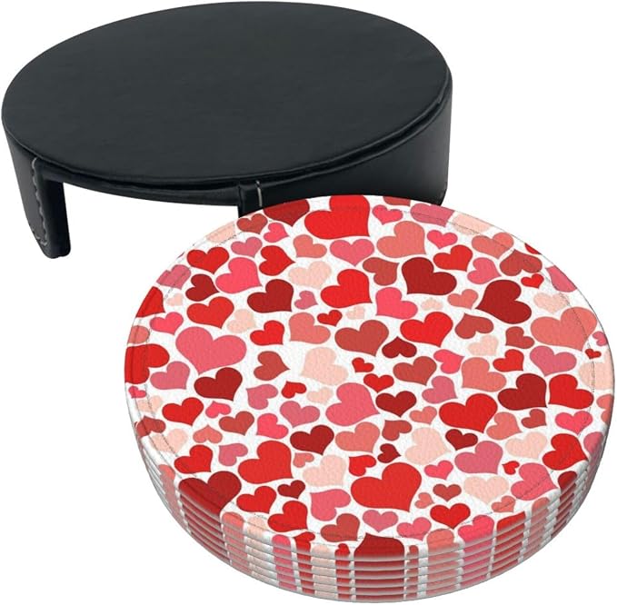 Drink Coasters with Holder Stand Set of 6, Heart Shaped Decoration Pu Leather - Image 9