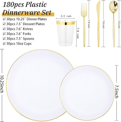 EI 180pcs White and Gold Plastic Plates,Gold Plastic Plates for Party,Fancy Plate Disposable Dinnerware Sets,Gold Disposable Silverware and Cups for Wedding,Baby Shower,Spring Afternoon Tea