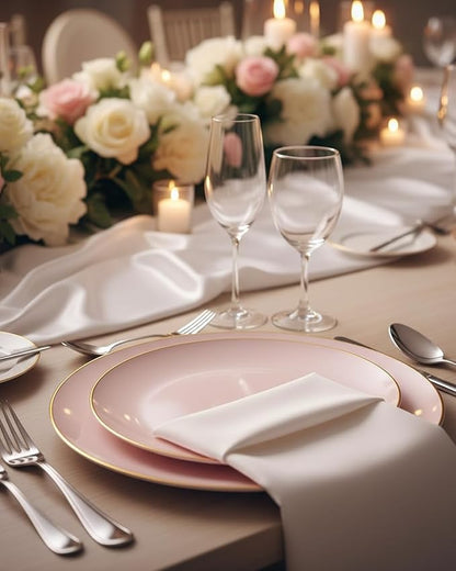 PULOTE 100PCS Pink Plastic Plates - Heavy Duty Pink and Gold Disposable for Party, Wedding, Valentines & Galentines Day, Include 50 Each (Dinner & Dessert) Plates