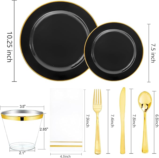 SUT 175 Piece Black and Glod Plastic Dinnerware Set - Image 3