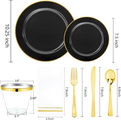 SUT 175 Piece Black and Glod Plastic Dinnerware Set - Image 3