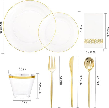 MirthMood 210Pcs Clear and Gold Plates for 30 Guests, Plastic Plates for Party, Includes:30 Dinner, 30 Dessert, 30 Paper Towels with 90 Silverware & 30 Cups