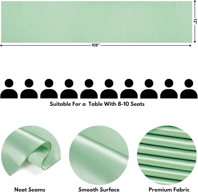 Sage Green Satin Table Runner, 12x108 Inches, 2 Pack | Premium Satin, Smooth - Image 2