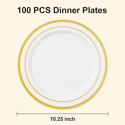 BESTSTAR 100PCS White Plastic Plates for Party, 10.25 Inch Disposable Plates with Gold Rim, Heavy Duty Dinner Plates for Christmas, Party, Wedding and Birthday