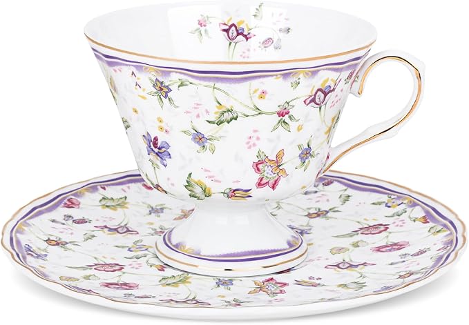 fanquare 5 Ounces Purple Floral Vines Porcelain Tea Cup and Saucer | Country by fanquare
