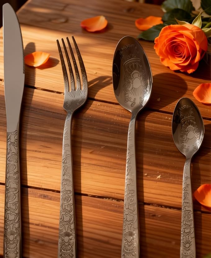 16 Pcs Black Floral Silverware Set - Image 7