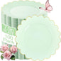 LIYH 100 Pcs Sage Green Dessert Plates Scalloped Plastic Cake Plate Gold Rim - 7.5 Inch Heavy-Duty Leak Proof Appetizer Plastic Plates for Birthday Wedding Holiday Party Self-Service Table Decor