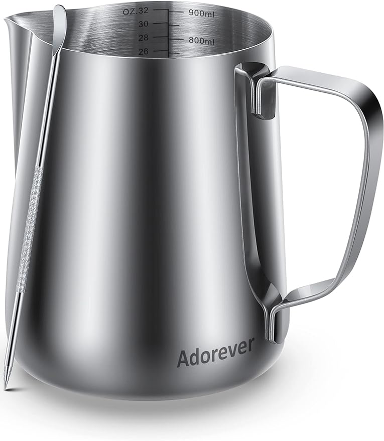 Milk Frothing Pitcher, 32oz Steaming Pitcher Stainless Steel Espresso Machine by Adorever
