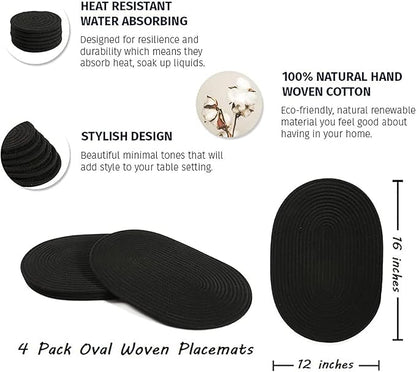 Braided Placemats Set of 4 Cotton Fabric Oval Table Mats Non Slip Washable 16 * 12 inch Oval Place Mats, 4 Pack Black Rope Woven Placemats