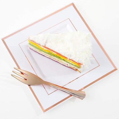 WDF 86pcs Rose Gold Dessert Plates 6" with 86 Pieces Disposable Forks 5", Elegant Square Appetizer Small Plastic Plates for Mother's Day, Wedding