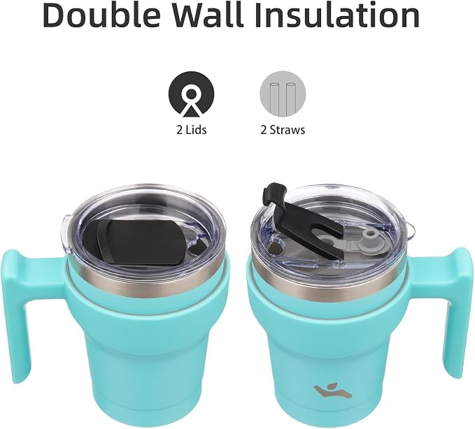 Konokyo 10 oz Tumbler with Handle and Straw, Insulated Travel Mug | Turquoise; - Image 3