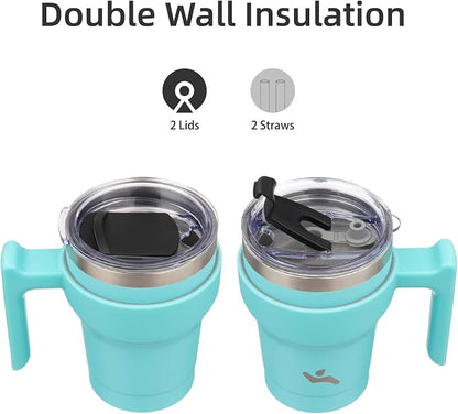 Konokyo 10 oz Tumbler with Handle and Straw, Insulated Travel Mug | Turquoise; - Image 3