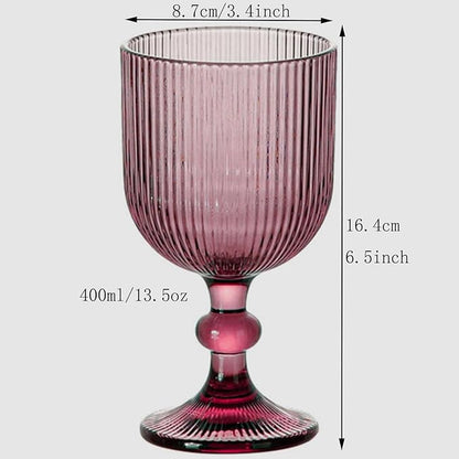 Purple Glasses Drinking Water Goblets set of 6 Colored Wine Glasses 13oz Pink Vintage Glassware for Wedding Party Bar Vertical Line Embossed Pattern Stemmed Cups 400ml