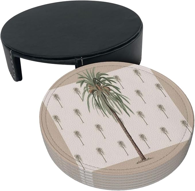 6 Pcs Tropical Plants in Summer Beach Palm Tree Leather Coasters - Image 4