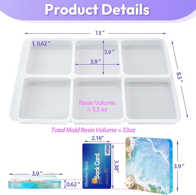 HeyClear Coaster Resin Molds Silicone, 6-Cavity Square Epoxy Resin Mold | - Image 4