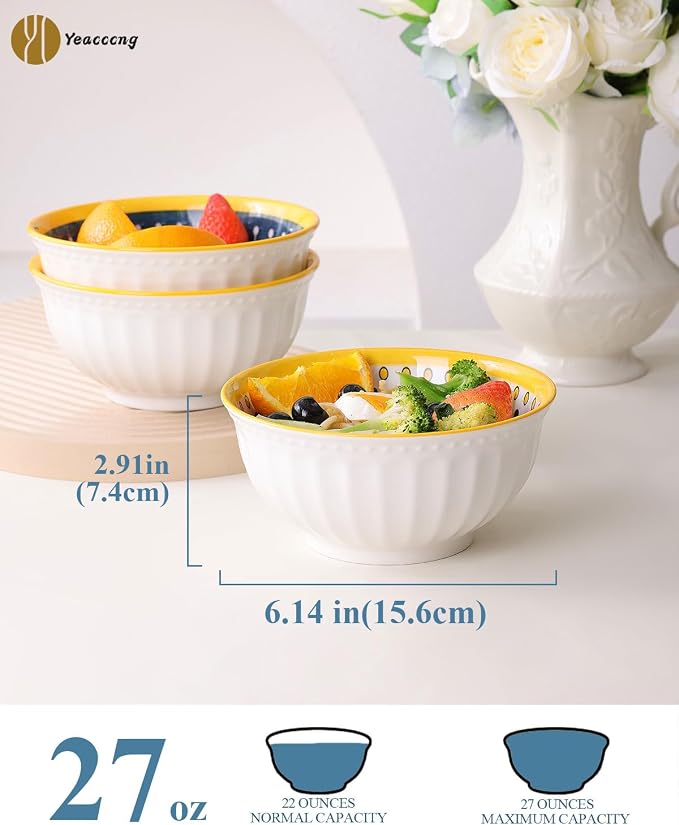 Yeacccng Bohemian Cereal Bowls Set of 4, 27 Oz Ribbed Exterior Ceramic Bowls - Image 2