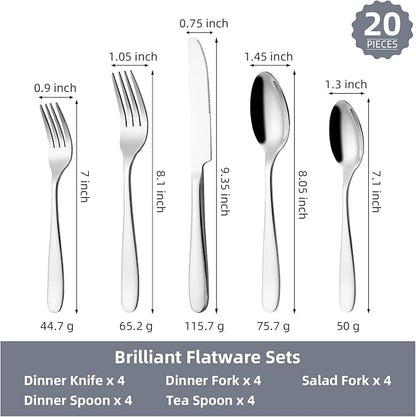 Silverware Set, CITESANA 20-Piece Heavy Duty Mirror Polished Stainless Steel Flatware Set Cutlery Set Flatware Service for 4