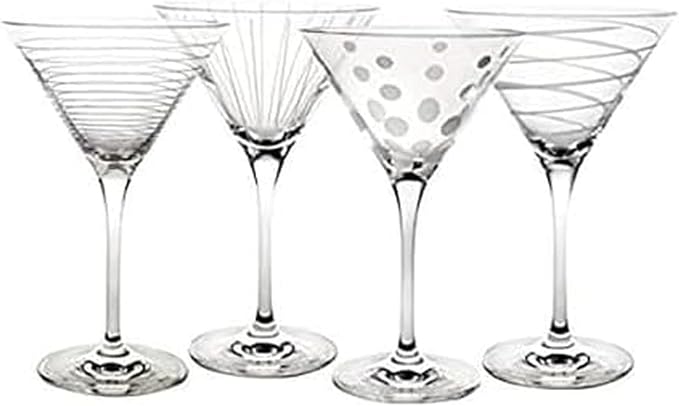 Mikasa Cheers 10-Ounce Martini Glasses, Fun Etched Designs, Durable Clear Glass by Mikasa