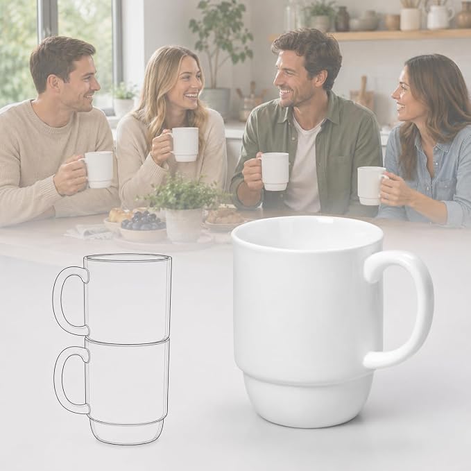Stackable Porcelain Coffee Mug Set of 4 – 16oz Large Handle, Space-Saving by Unknown