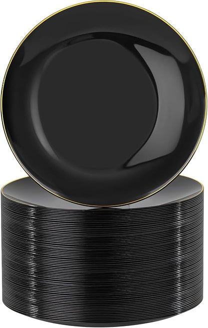 Nervure 100 Pieces Black Plastic Plates - 7.5inch Black Dessert Plates - Disposable Gold Plastic Plate - Disposable Plate Ideal for Wedding & Party