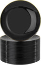 Nervure 100 Pieces Black Plastic Plates - 7.5inch Black Dessert Plates - Disposable Gold Plastic Plate - Disposable Plate Ideal for Wedding & Party
