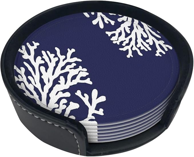 6 Pcs Coral Navy Blue Nautical Coastal Ocean Theme Marine Leather Coasters - Image 2