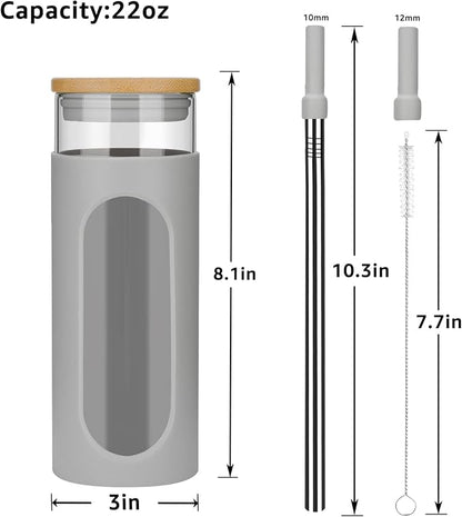 Tronco 22oz Glass Tumbler with Bamboo Lid and Straw, Glass Cup For Boba,Iced Coffee,Smoothie, Spill Proof Glass Water Bottle With Silicone Protective Sleeve, Dishwasher Safe,BPA Free