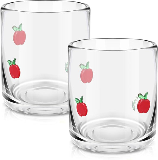 Icon Juice Glasses, 14oz Stemless Wine Drinking Juice Glass Cup for Valentine Party Supplies Gift(2 Pcs,Apple)