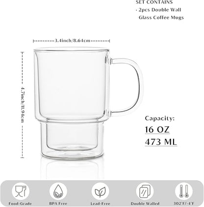 INSETLAN 16oz Double Wall Glass Coffee Mugs Set of 2, Insulated Borosilicate Cups with Handles, Clear Heat Resistant Glasses Mugs for Hot Beverages, Cappuccino, Espresso, Latte, Tea