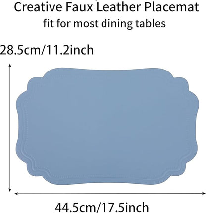 Faux Leather Placemats Set of 6 Waterproof,Blue PU Leather Placemat for Dining Table,Wipeable Eco-Friendly Kitchen Table Mats Heat Resistant Anti Slip Washable,Modern Table Protectors