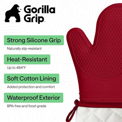 GORILLA GRIP BPA-Free Soft Silicone Oven Mitts, 14.5x8.3, Heat Resistant and Waterproof Cooking Gloves, Thick Cotton Lining, Flexible Gripping Kitchen Potholders Set of 2, Christmas Kitchen Decor, Red