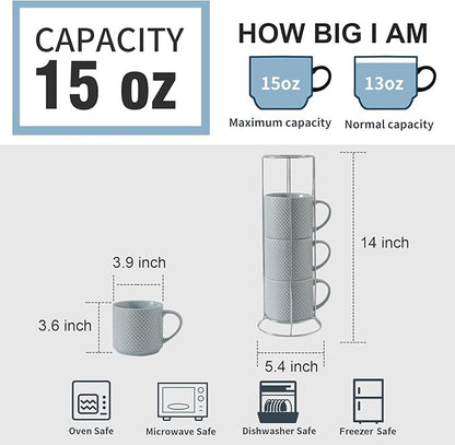 Hasense Coffee Mugs with rack, 15 Ounce Porcelain Stackable Large Ceramic Blue Coffee Cups Set of 4 with handle for Drinks Like Tea, Cappuccino, Milk, Mocha and Cereal, Microwave & Dishwasher Safe