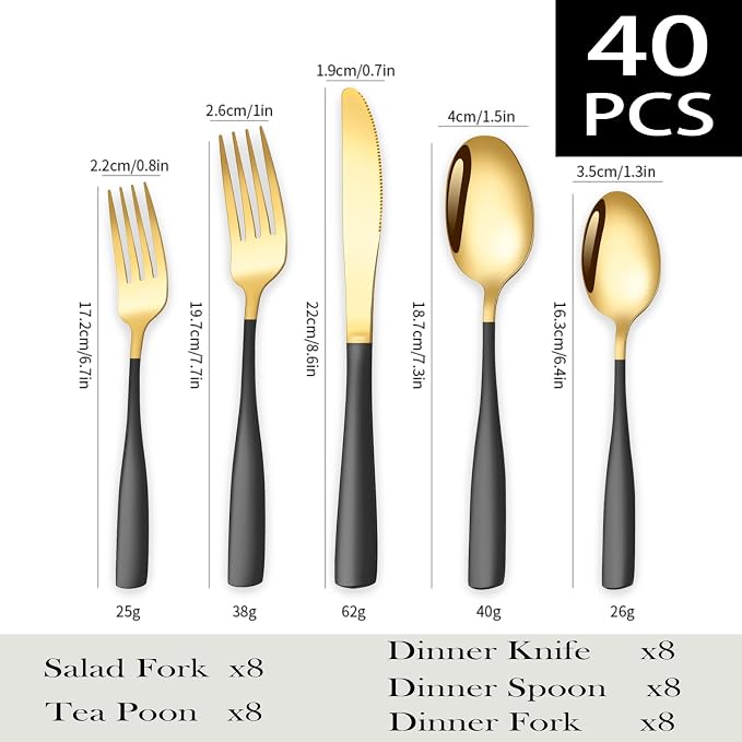 Black Gold Silverware Set for 8, Stainless Steel 40 Piece Modern Cutlery Set - Image 2