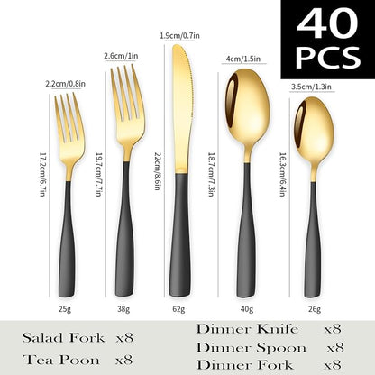 Black Gold Silverware Set for 8, Stainless Steel 40 Piece Modern Cutlery Set - Image 2