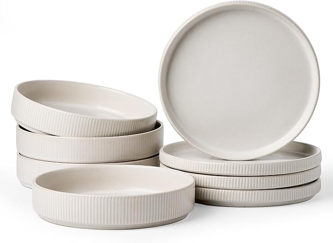 Stoneware Dinnerware Set for 4, 8-Piece Wide Pasta Bowls and Salad Plates | by FamiwarePremium