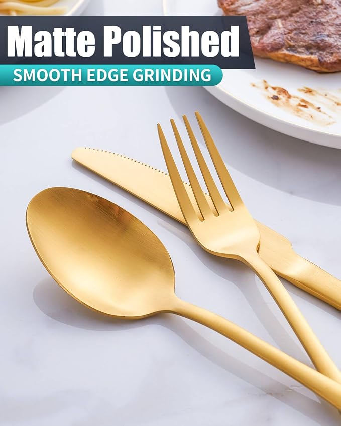 Matte Gold Silverware Set with Steak Knives, 36-Piece Stainless Steel Flatware - Image 4