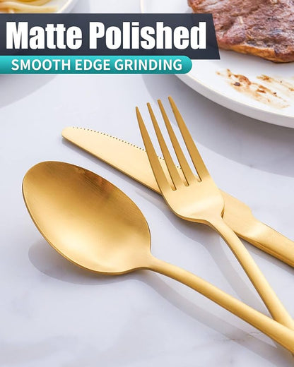 Matte Gold Silverware Set with Steak Knives, 36-Piece Stainless Steel Flatware - Image 4