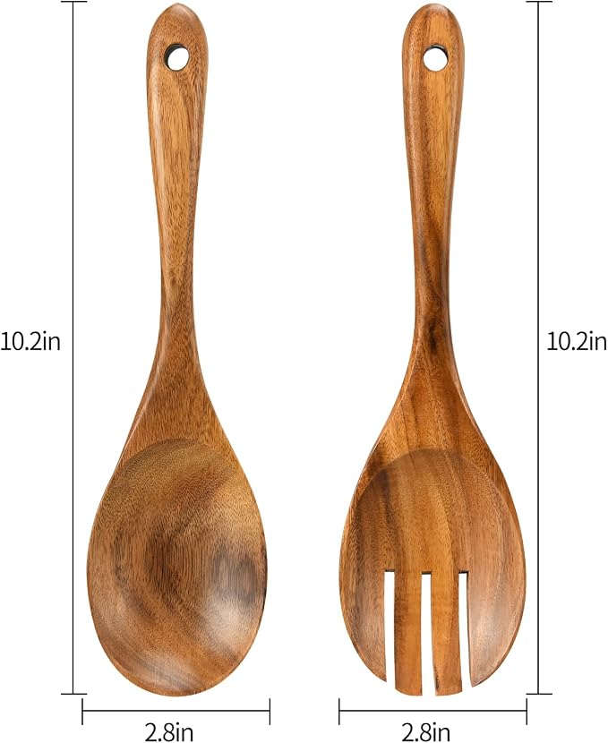 10.2in Wood Salad Servers, Long Handle Salad Server Set | - Image 3